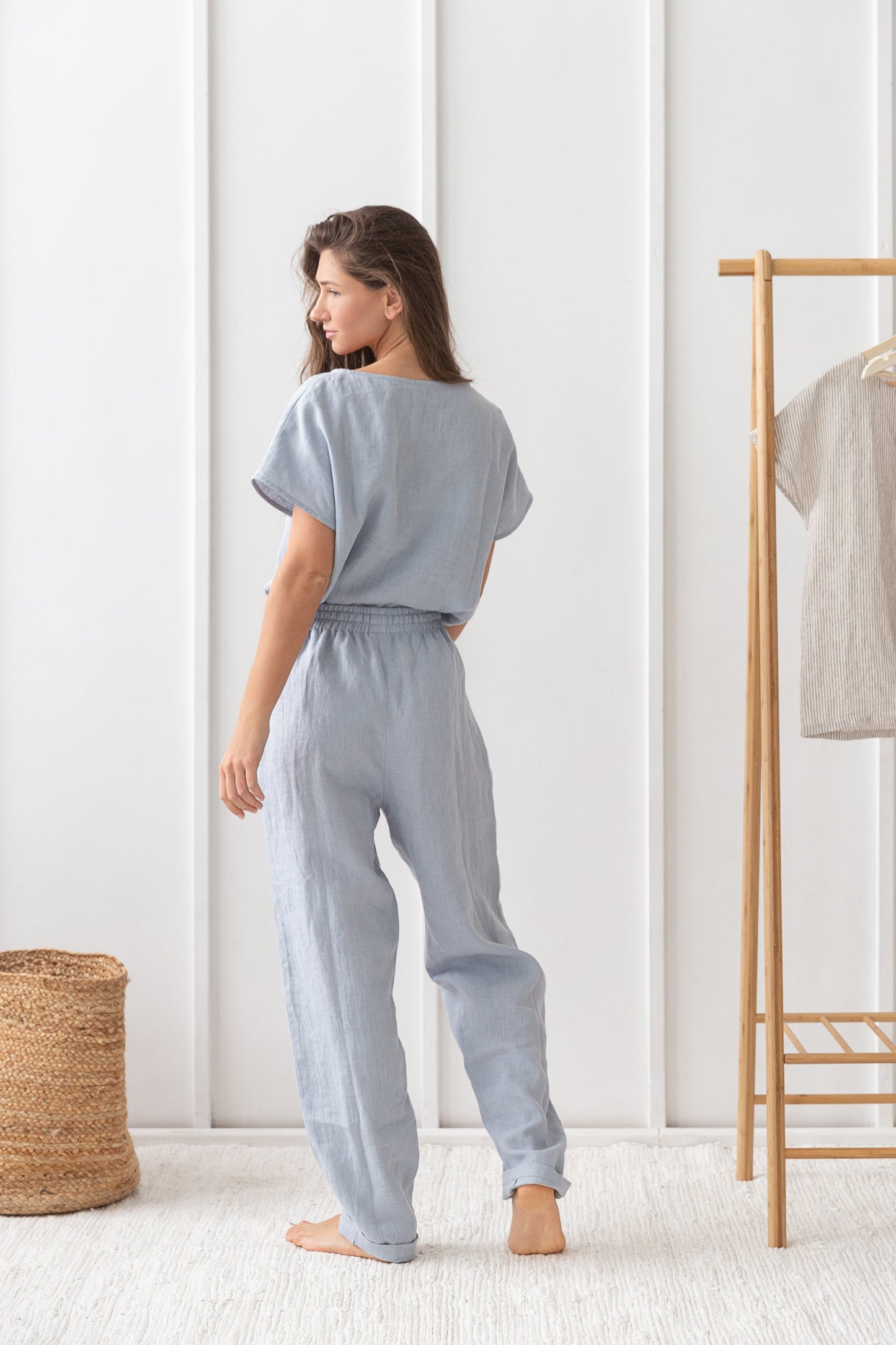 Pellavainen pyjama/oloasu-setti - jään sininen