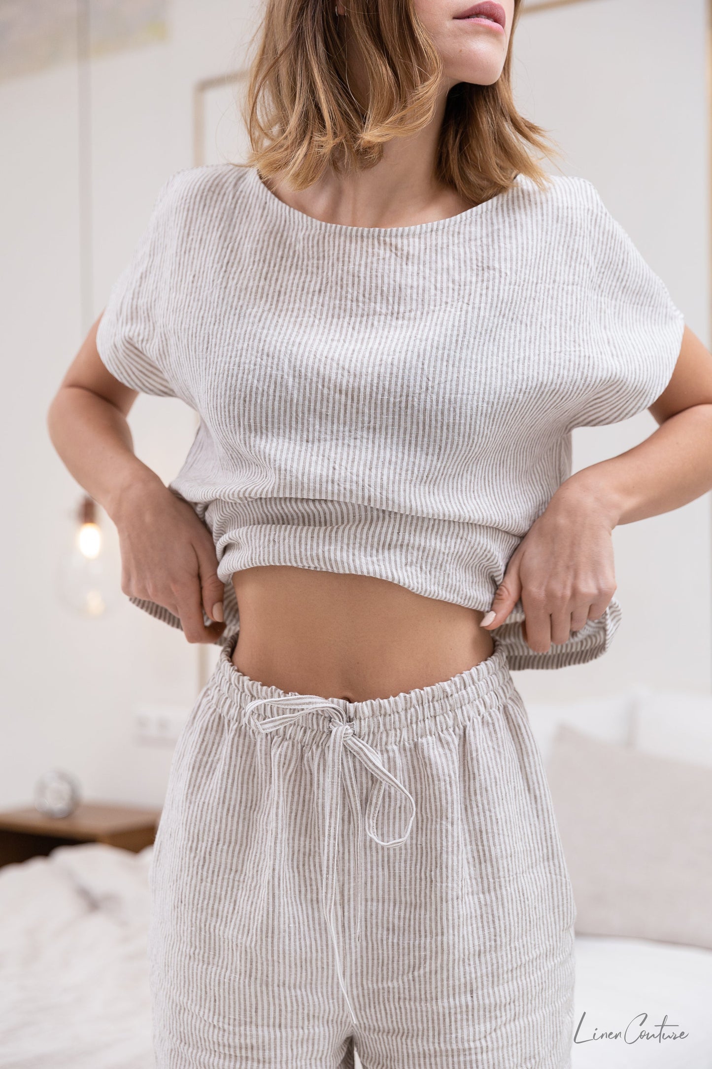 Pellavainen pyjama/oloasu-setti - tummanharmaa raidallinen