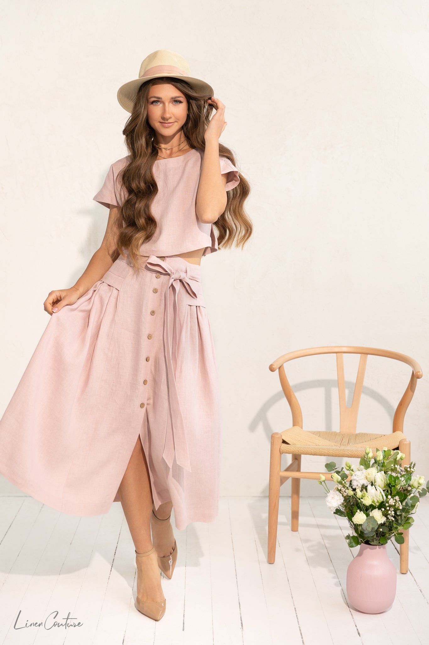 Taormina pellava Crop Top ja Midi hame setti - vaalea pinkki