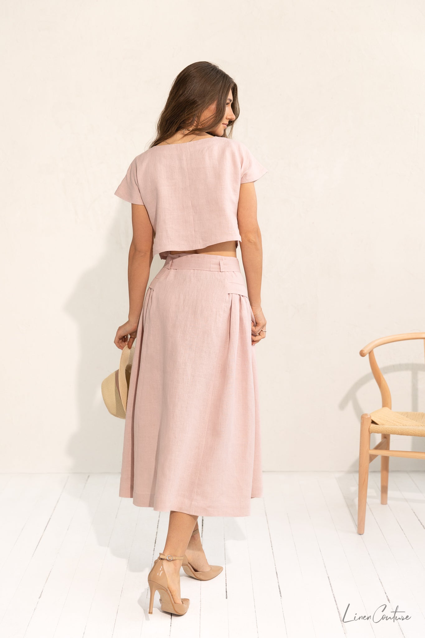 Taormina pellava Crop Top ja Midi hame setti - vaalea pinkki