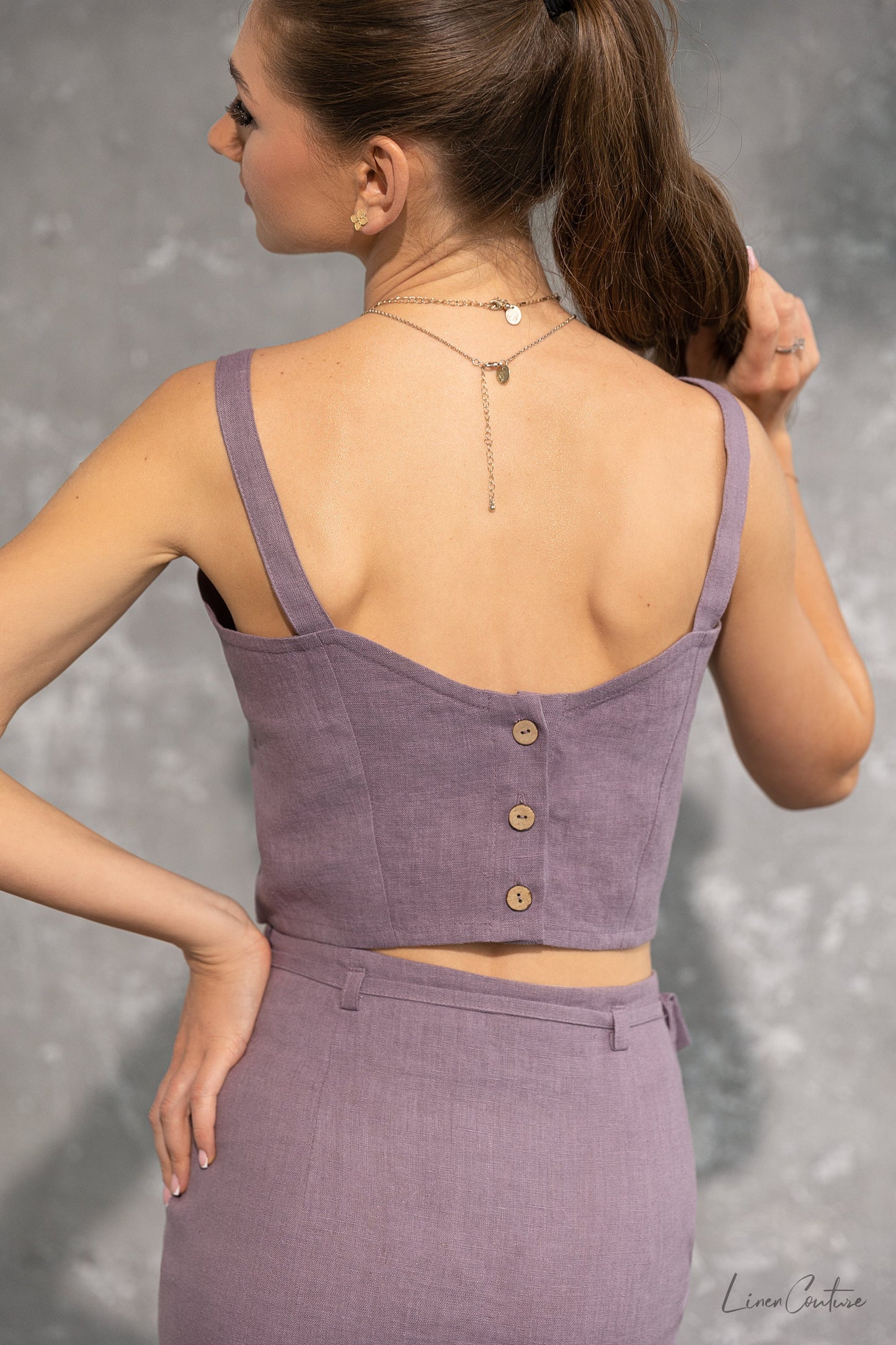 Bella Vita pellava crop toppi ja midi hame-setti - pastellinluumu