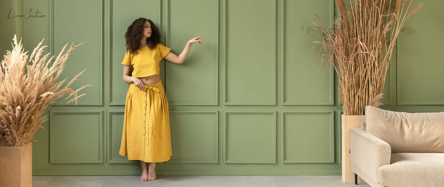 Taormina pellava Crop Top ja Midi hame setti - hunajan värinen