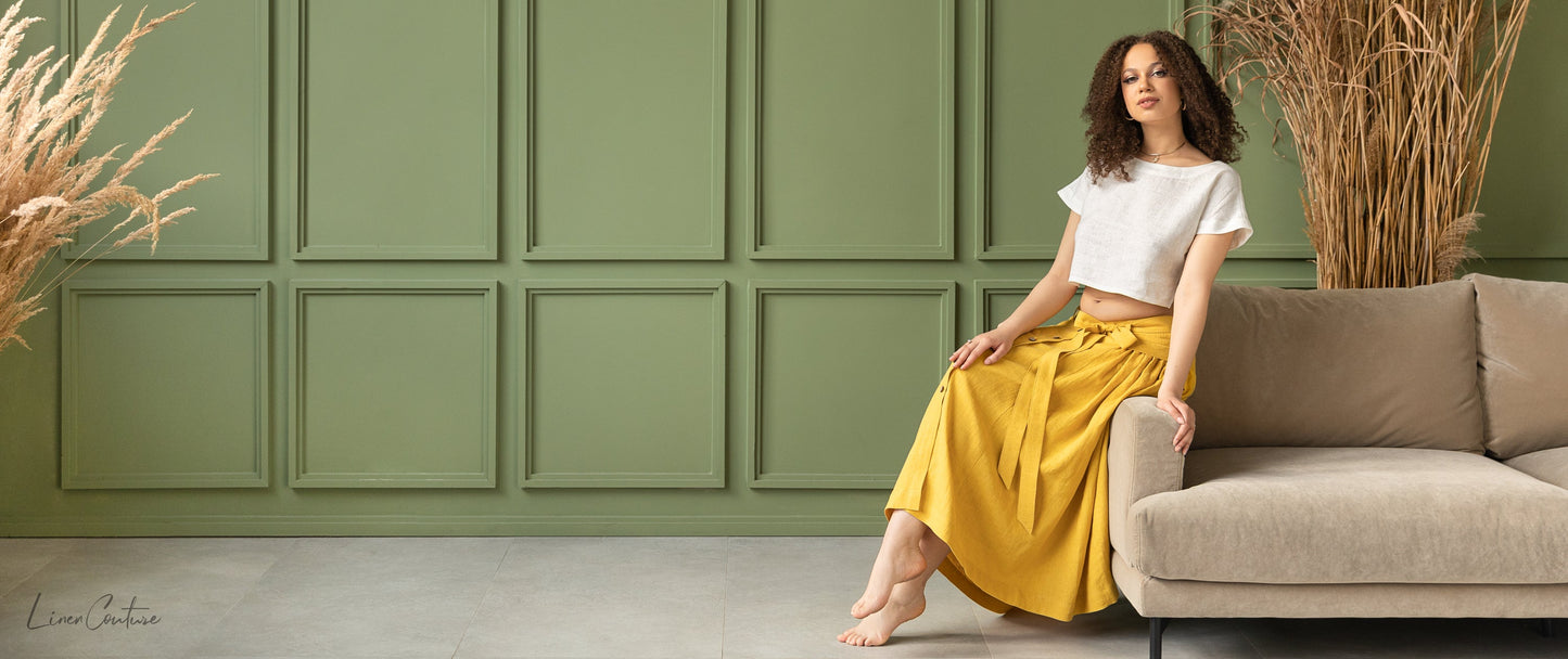 Taormina pellava Crop Top ja Midi hame setti - hunajan värinen