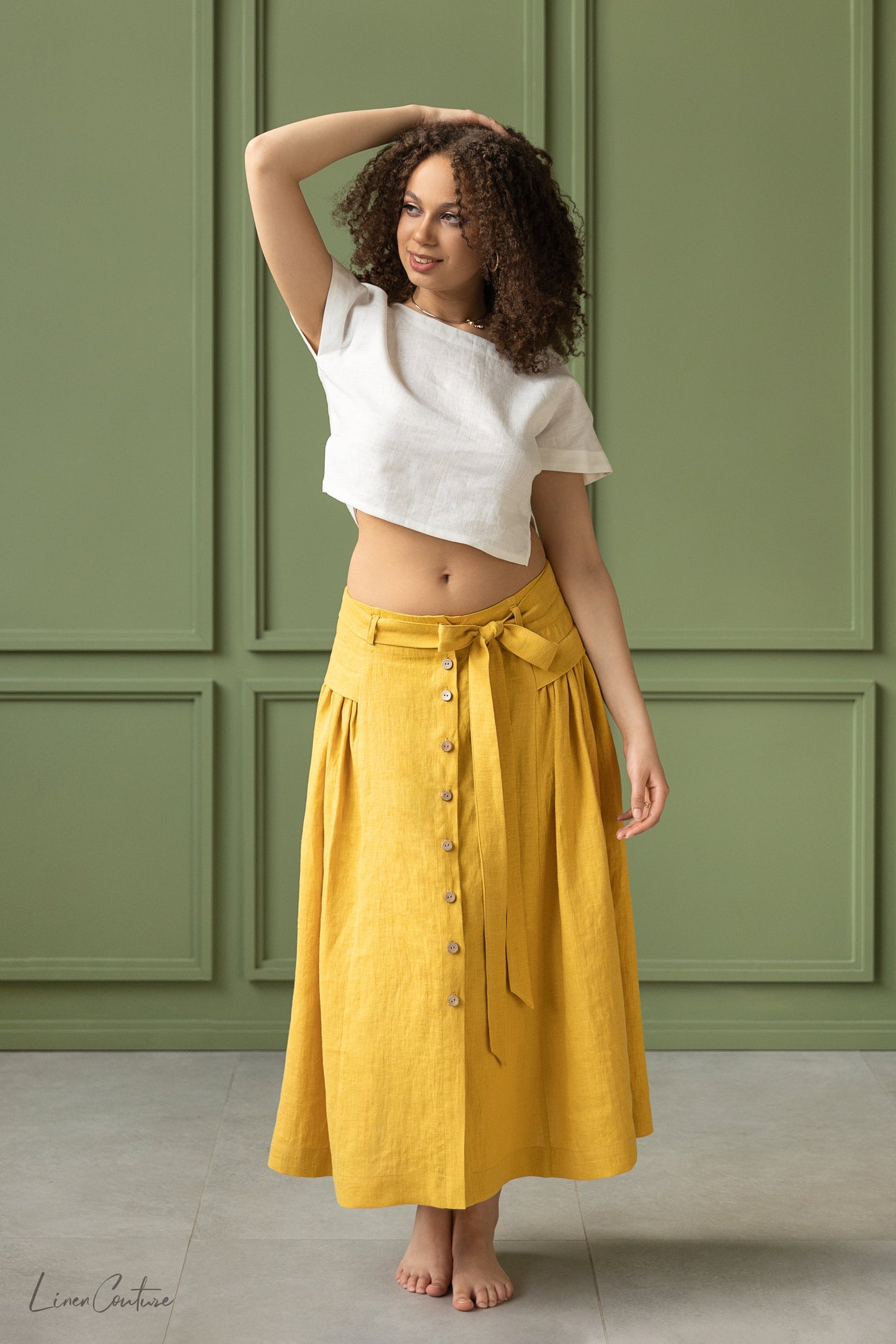 Taormina pellava Crop Top ja Midi hame setti - hunajan värinen
