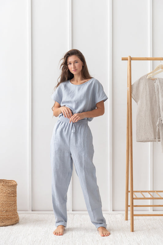 Pellavainen pyjama/oloasu-setti - jään sininen