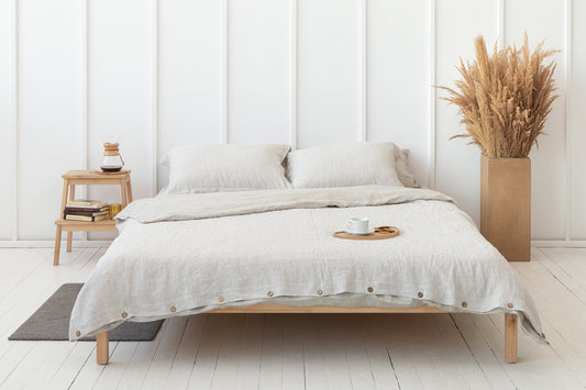 Pellavavuodevaatesetti - luonnonvaalea ja raidallinen beige, kaksipuolinen