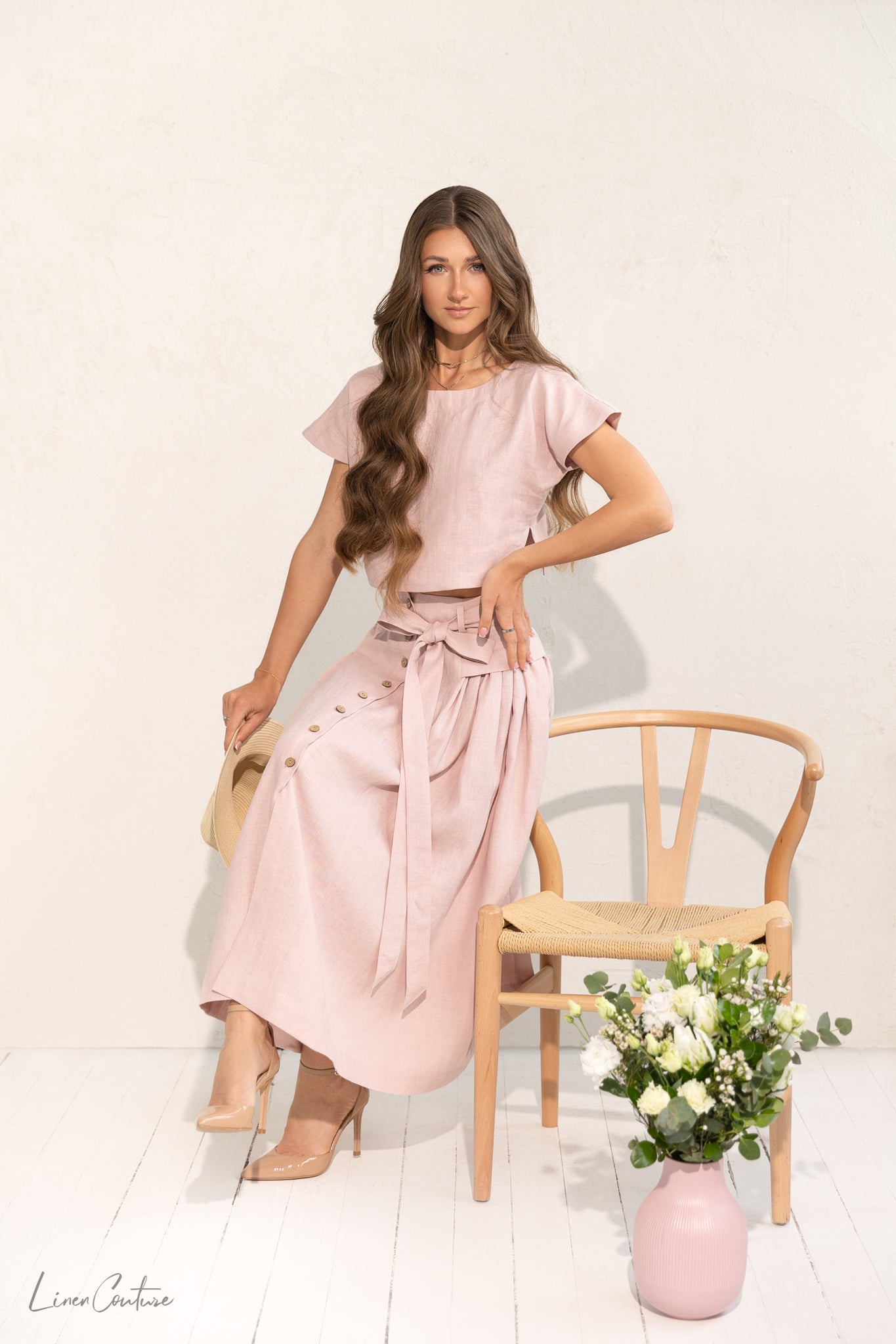 Taormina pellava Crop Top ja Midi hame setti - valitse haluamasi väri