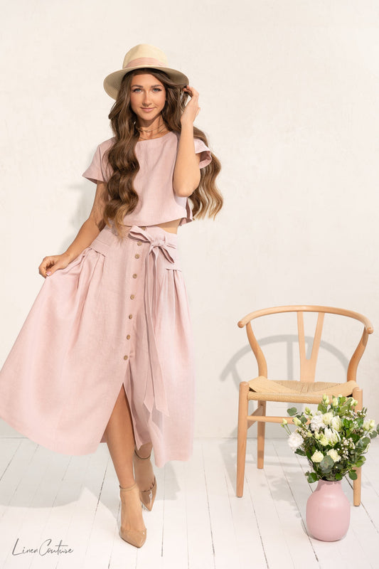 Taormina pellava Crop Top ja Midi hame setti - vaalea pinkki