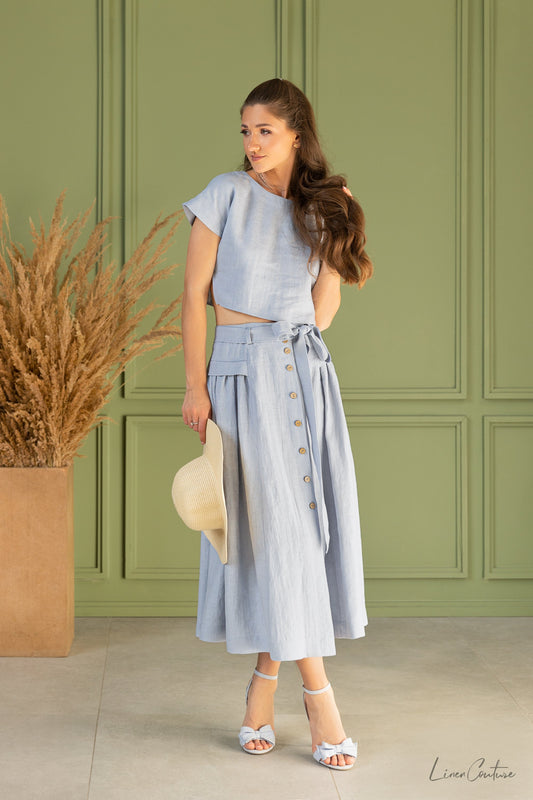 Taormina pellava Crop Top ja Midi hame setti - jäänsininen