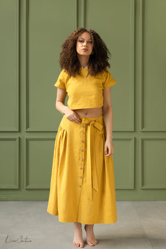 Taormina pellava Crop Top ja Midi hame setti - hunajan värinen